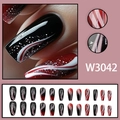 Uñas postizas largas tipo ataúd con remolinos de mármol negro y rojo y purpurina plata - Patrón de Ondas Negro Rojo Con Pegamento (W3042)