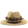 Flat top straw sun hat with brown feathers and golden skull trim for summer vacations - M (56-58cm) / Khaki