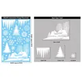 Winter snow scene window stickers set with cabins, snowflakes and pine trees - BQ449 Style