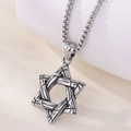 Silver stainless steel hexagon star pendant necklace with basketball texture relief - Hexagram