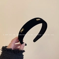 Elegant black velvet headband featuring golden metal letter accents for stylish hair styling - Miu Letter Logo Velvet Style / Black