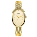 Elegant gold oval watch for women with diamond markers and a woven mesh strap - Gold Band Gold Dial