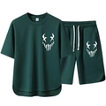Ensemble de sport été homme vert foncé avec t-shirt manches courtes et short à cordon - M / Vert