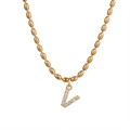 Golden rice bead necklace with sparkling zircon-studded letter V pendant for women - Letter V