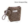 Brown leopard faux fur hexagonal cosmetic bag with heart charm and dimension labels - Brown Hexagonal Bag
