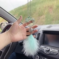 Car mirror ornament with green life tree charm and light green feather tassels - Green