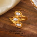 Gold stainless steel adjustable ring with three oval pearls in a tiered design - Tiered 3-Pearl Adjustable Style (ZN1503-1190)