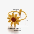 Golden stainless steel sun flower ring with red center stone in a minimalist vintage style - Red (Gold Base)