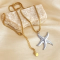 Detail of starfish pendant with two-tone gold and silver finish on a box chain - Two-tone Starfish Necklace