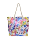 White canvas tote bag featuring colorful palm tree prints and beige rope handles - Colorful Coconut Trees