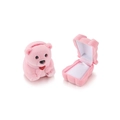 Pink velvet bear-shaped ring box shown both closed and open with interior ring slots - Bear Pink