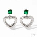 S925 silver hollow heart earrings with square green gemstone studs and emerald crystals - Silver Green Rhinestone (PDE700)