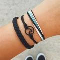 Dreiteiliges Boho-Armband-Set mit geflochtener Welle und schwarzem Kordel-Design - Schwarz Bunt Meereswellen Geflochtenes Seil Set (5301)