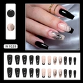Press-on nails in medium length featuring black butterfly patterns and glitter stripes - W1028 Black Butterfly