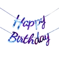 Iridescent laser cut Happy Birthday hanging banner with script lettering for party decor - New Style Blue Joined Letters