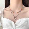 Double-layered beaded necklace with smiley face and hollow heart charms on bead chain - Colorful Heart Smile