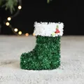 Sparkling green tinsel Christmas stocking ornament with red berry detail, 12.5cm height - Green Christmas Stocking