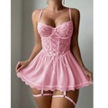 Sottoveste rosa in pizzo con coppe floreali, lacci in vita e reggicalze regolabili - Taglia S / Rosa