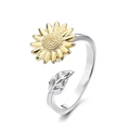 Adjustable silver ring with rotating gold sunflower and delicate leaf details - Leaf Sunflower Spinner