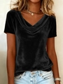 T-shirt femme en velours noir à manches courtes avec col bénitier élégant - S / Hauts / Noir