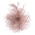 Coiffe mariée rose avec voile à pois, plumes élégantes et perle au centre - Rose racine de lotus