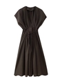 Detail of deep brown V-neck dress featuring a pleated waist and adjustable drawstring - XS / Dark Brown