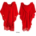 Front and back view of red knitted hooded poncho with wooden buttons and tassels - Red / 85*190cm