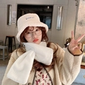 Detail of white plush cow print scarf and matching letter-patch faux fur bucket hat - White Faux Rabbit Fur