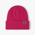 Winter knitted rose red beanie with a brown leather logo patch for thermal outdoor wear - One Size / Bright Red
