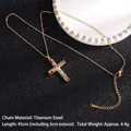 Titanium steel gold cross necklace with colorful rectangle zircon stones for women - Cross No.7 Gold (A295)