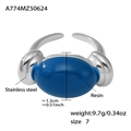 Blue oval resin stone on adjustable gold-plated stainless steel ring band - US 7 / Steel Dark Blue Resin