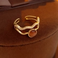 Double-layer gold plated open ring with wavy zircon row and brown cat eye stone - Real Gold Plated Zirconia Cat's Eye Double Layer Open Ring