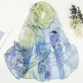 Blue-green gradient silk scarf featuring traditional bird and flower prints for women - Magpie Blue Green