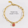 Dettaglio del bracciale in acciaio dorato con ciondolo rosa e specifiche tecniche - Rodocrosite Sfaccettata