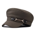Detail of army green baker boy hat with rhinestone horsebit and leather strap trim - One Size / Army Green