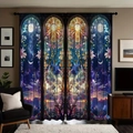 Celestial sun moon and stars patterned polyester curtains in vibrant purple and gold colors - 130x160cm / Style 3