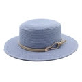 Macro shot of light blue woven straw hat featuring a beige leather band and gold metal buckle - M (56-58cm) / Sky Blue