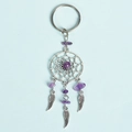 Silver dreamcatcher keychain with purple amethyst chips and metal feather pendants - Amethyst
