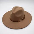 Detail of camel wool fedora hat featuring wide brim and brown leather belt with gold buckle - Apricot (Heart Buckle)