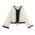Cardigan in pizzo bianco con frange di piume e dettaglio fiocco nero sul collo - XS / Bianco latte