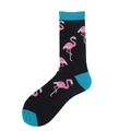 Mid-calf black socks featuring pink flamingo jacquard and vibrant turquoise accents - Style 8-Black Blue Trim Flamingo