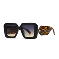 Baroque oversized square sunglasses with leopard print temples and gold serpent accent - Black Frame Blue Tea Lens