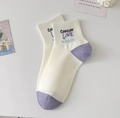 Off-white crew socks with purple contrast toe and heel featuring Conquer Love embroidery - Off-White Purple Contrast Letter