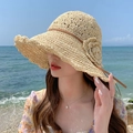 Beige wide-brim crochet straw sun hat with flower detail and brown leather strap - One Size / Ribbon with One Flower - Beige