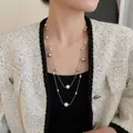 Double-layered gold chain necklace with alternating pearls and metallic beads for women - 94# Necklace - Silver - White