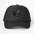 Adjustable black trucker hat with colorful rooster print and breathable mesh back - One Size / All Black