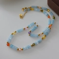 Multicolor beaded necklace with sky blue natural stone and gold extension chain - Ice Blue River Necklace XL0188