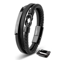 Close-up of black braided leather bracelet with polished metal plate and magnetic clasp - Three-layer Curved Tube Twist / Black