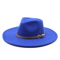 Macro detail of royal blue wool fedora hat with a premium brown leather belt buckle - M (56-58cm) / Blue