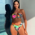 Detail of tropical floral print bikini set with halter neck and cutout design - S / Tropical Print (Picture Color)